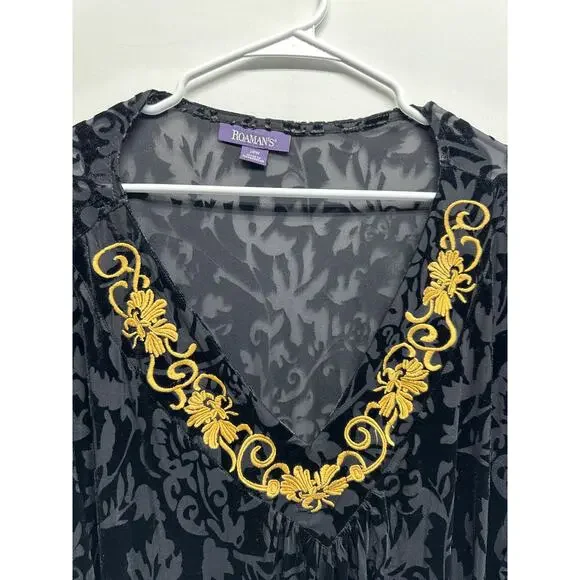 Roaman's Black Burnout Velvet Tunic Top 28W Gold Embroidered Boho Goth - Picture 4 of 9